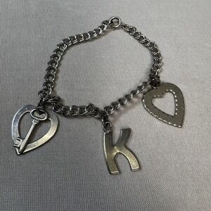 Silver Tone Charm Bracelet -‎ "K" Hearts Dangle